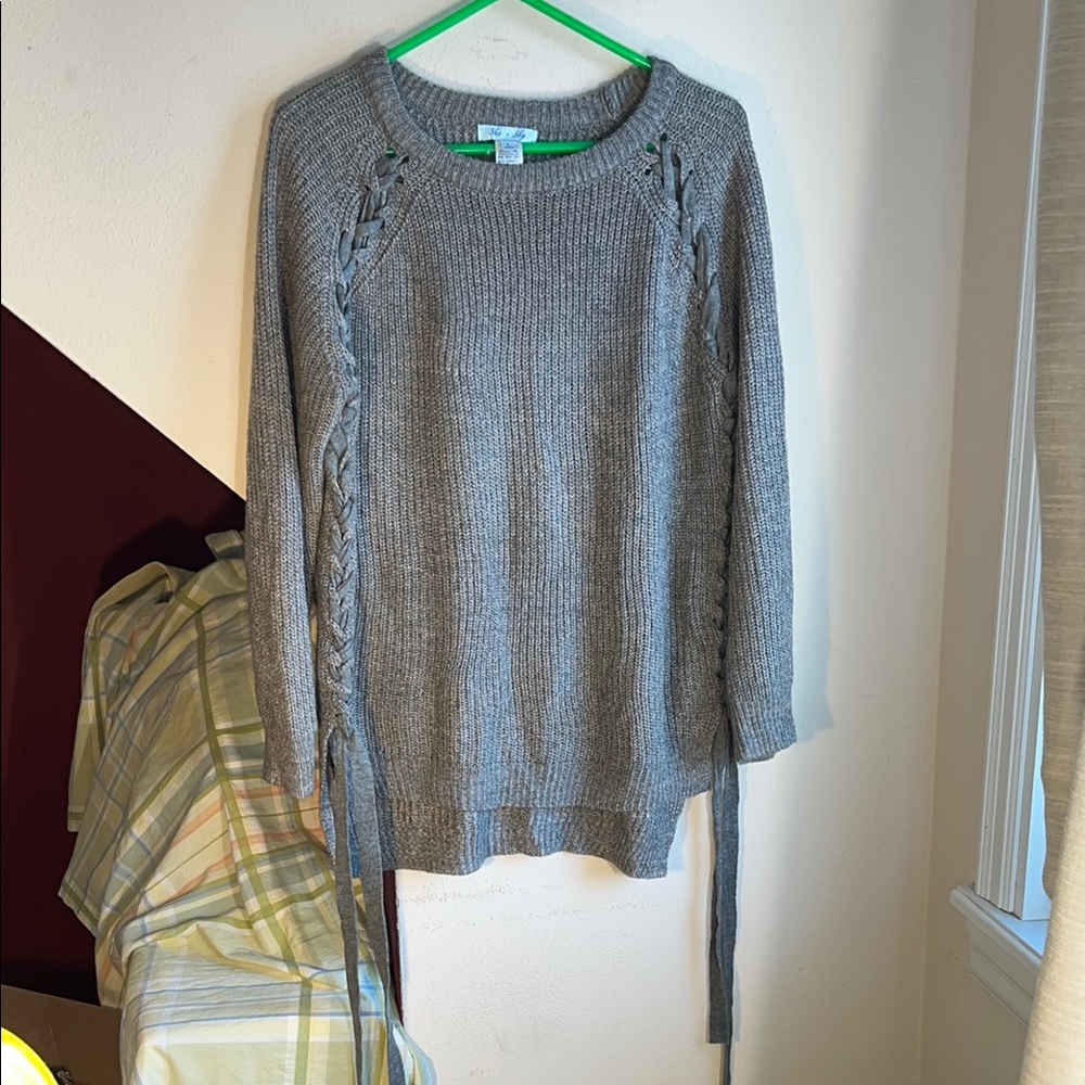 She + Sky Embellished Heathered Gray Knit  Sweater with Lacing‎  long side Ties